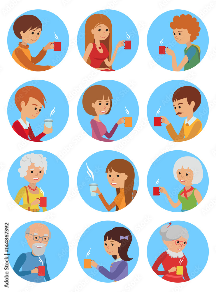 People with cup in his hand drinking hot coffee. Vector illustration icon People with cup in his hand drinking hot coffee. Vector illustration icon
