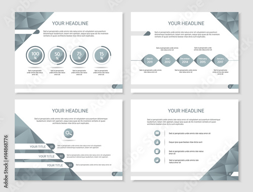 Vector presentation or brochure template with timeline, graphs with percentage and bullet points - blue and white clean polygonal design