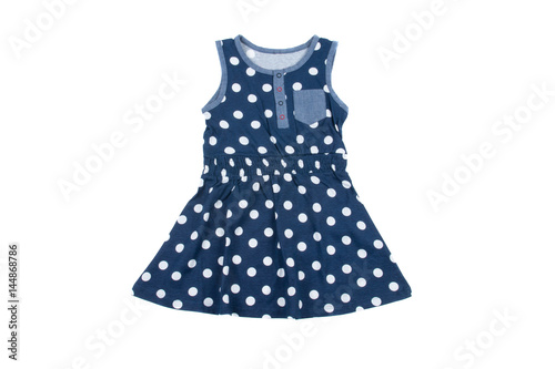 Small blue polka dot dress for girls, isolated on white background