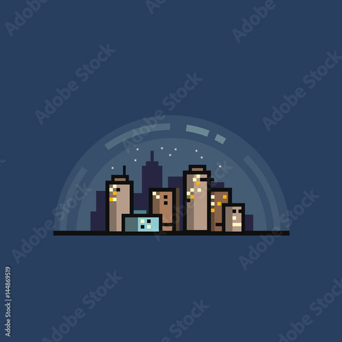 Fototapeta Minimalistic flat vector illustration or icon of night city scene with skyscrapers and stars in the sky