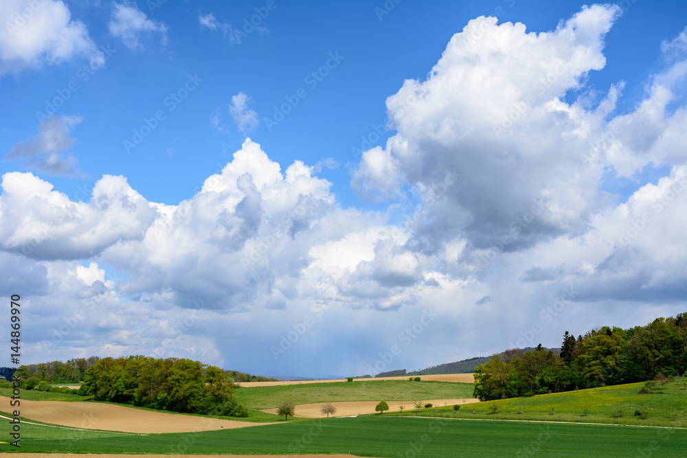 idyllische Landschaft im Sommer mit weissen Wolken und blauem Himmel