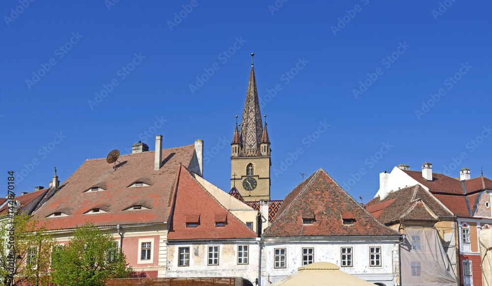 Roofs and bell tower of the Evangelical Lutheran cathedral of St Mary,14th century , Sibiu, Transylvania, Romania,