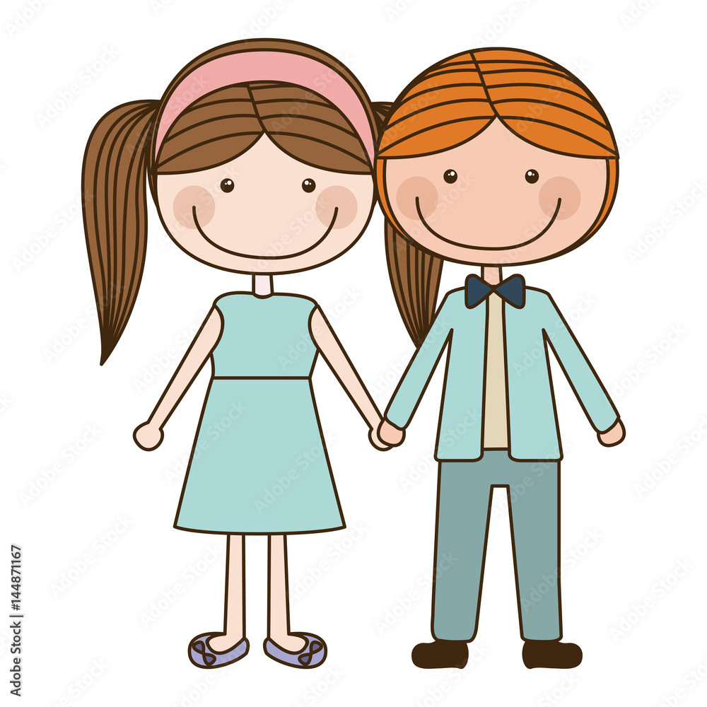 colorful caricature blond guy hair and girl pigtails hairstyle with taken hands vector illustration colorful caricature blond guy hair and girl pigtails hairstyle with taken hands vector illustration