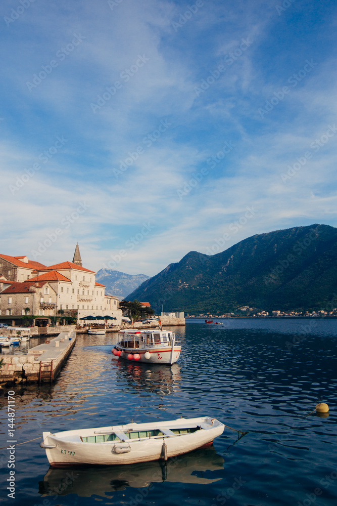 The old fishing town of Perast on the shore of Kotor Bay in Montenegro.