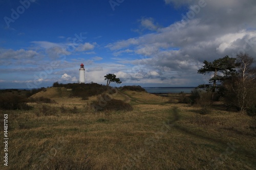 Blick auf den Leuchtturm am Dornbusch auf der Insel Hiddensee, Mecklenburg-Vorpommern, Deutschland