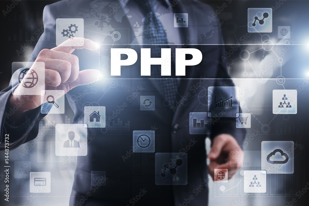 Businessman selecting php on virtual screen. Businessman selecting php on virtual screen.
