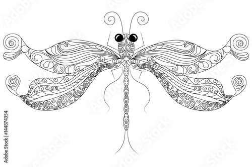 Doodle dragonfly coloring page anti-stress vector illustration