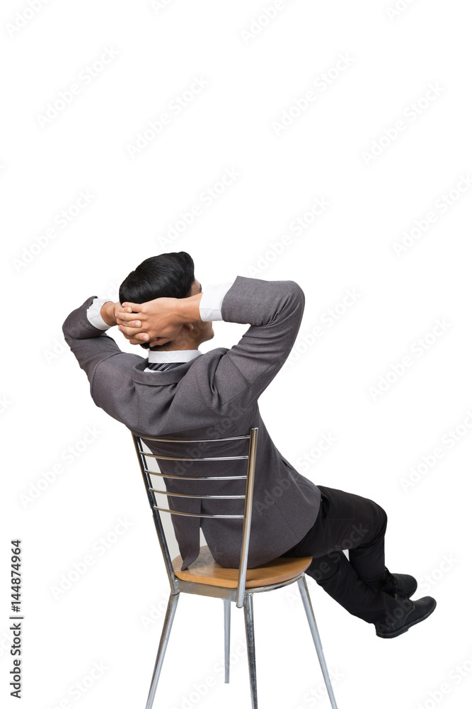 back view of business man wearing gray suit sitting and relaxing on chair  with white background Stock Photo | Adobe Stock