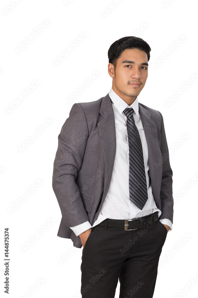 Businessman wearing gray suit standing and posing over white Background Businessman wearing gray suit standing and posing over white Background