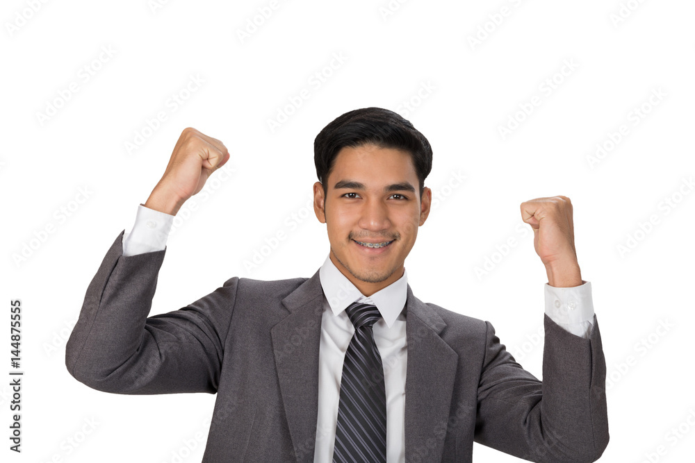 young asian man startup entrepreneur businessman raise his hands with happiness on white background young asian man startup entrepreneur businessman raise his hands with happiness on white background
