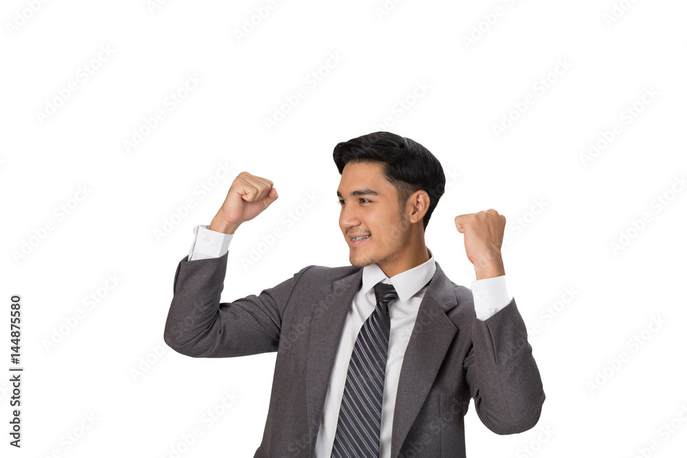 young asian man startup entrepreneur businessman raise his hands with happiness on white background young asian man startup entrepreneur businessman raise his hands with happiness on white background