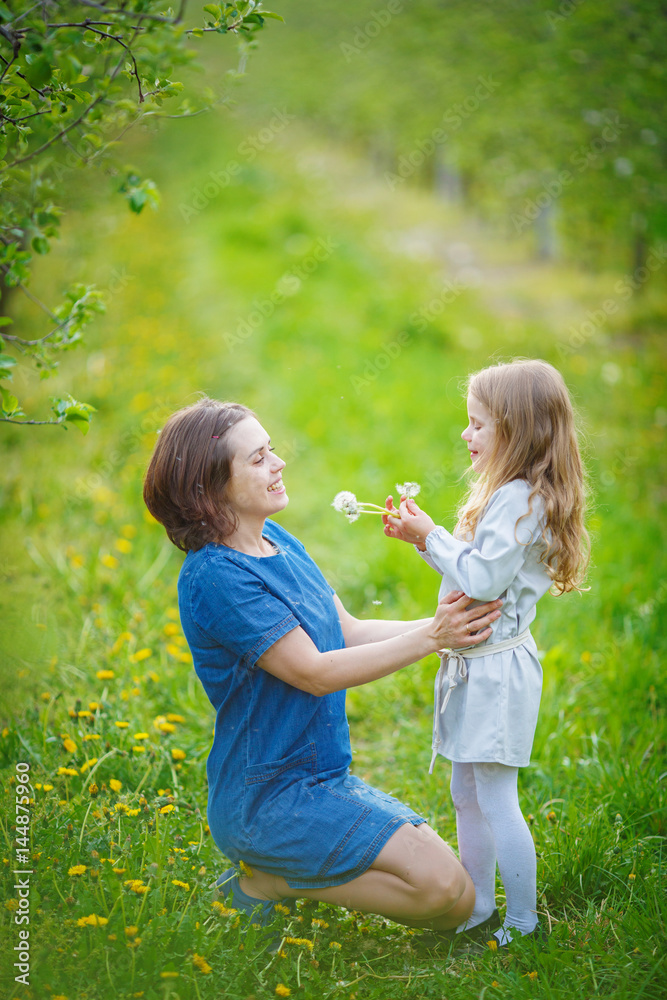 Fototapeta premium A little girl shows her mother how to blow off fluff from a bouquet of dandelions. White seeds are entangled in the woman's hair
