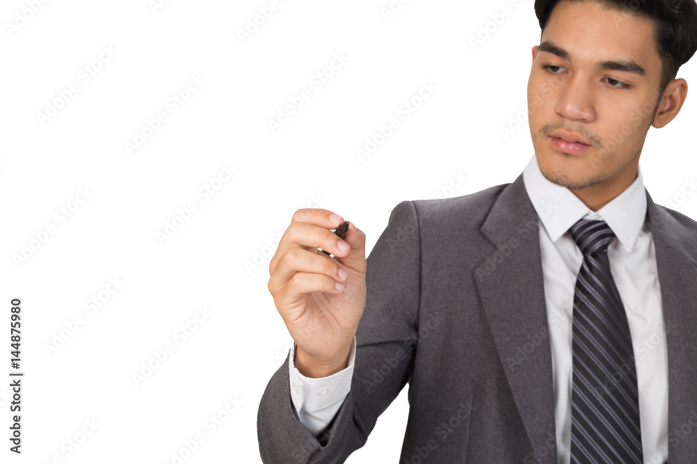 young asian businessman writing, drawing on blank space young asian businessman writing, drawing on blank space