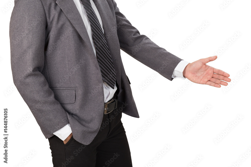 A business man with an open hand ready for handshaking to seal a deal A business man with an open hand ready for handshaking to seal a deal