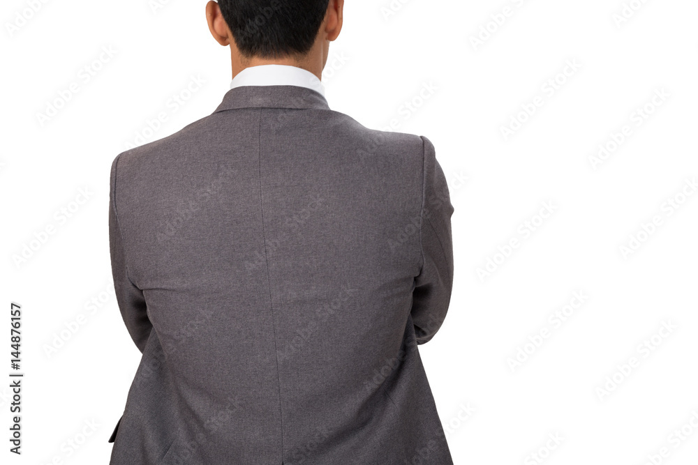 Thoughtful businessman standing back to camera with arms crossed on white background Thoughtful businessman standing back to camera with arms crossed on white background