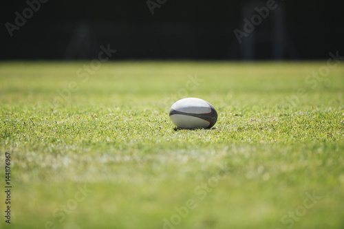 Rugby ball at green grass.