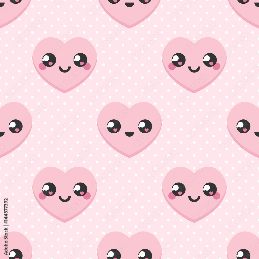Cute pink japanese style heart emoji seamless pattern background ...