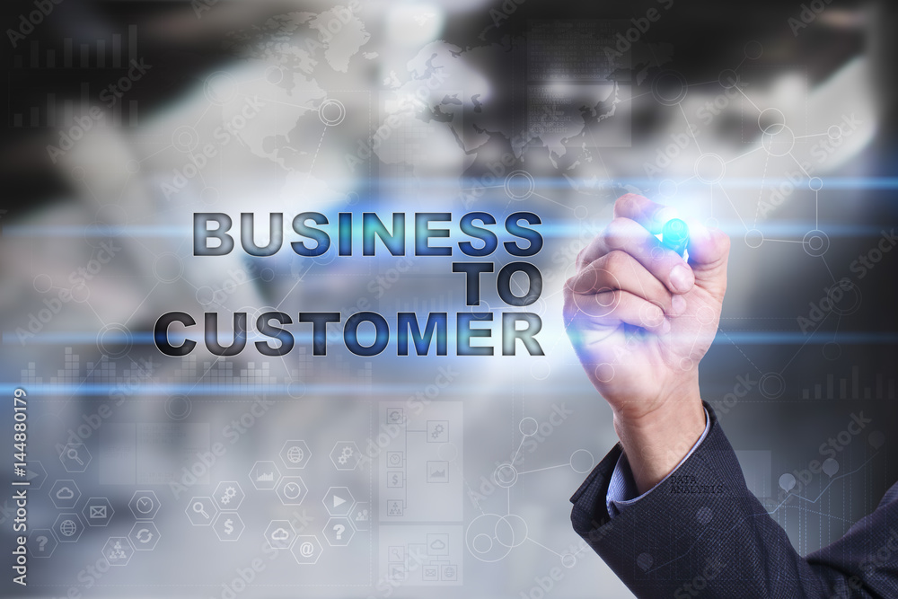 Businessman is drawing on virtual screen. business to customer concept. Businessman is drawing on virtual screen. business to customer concept.