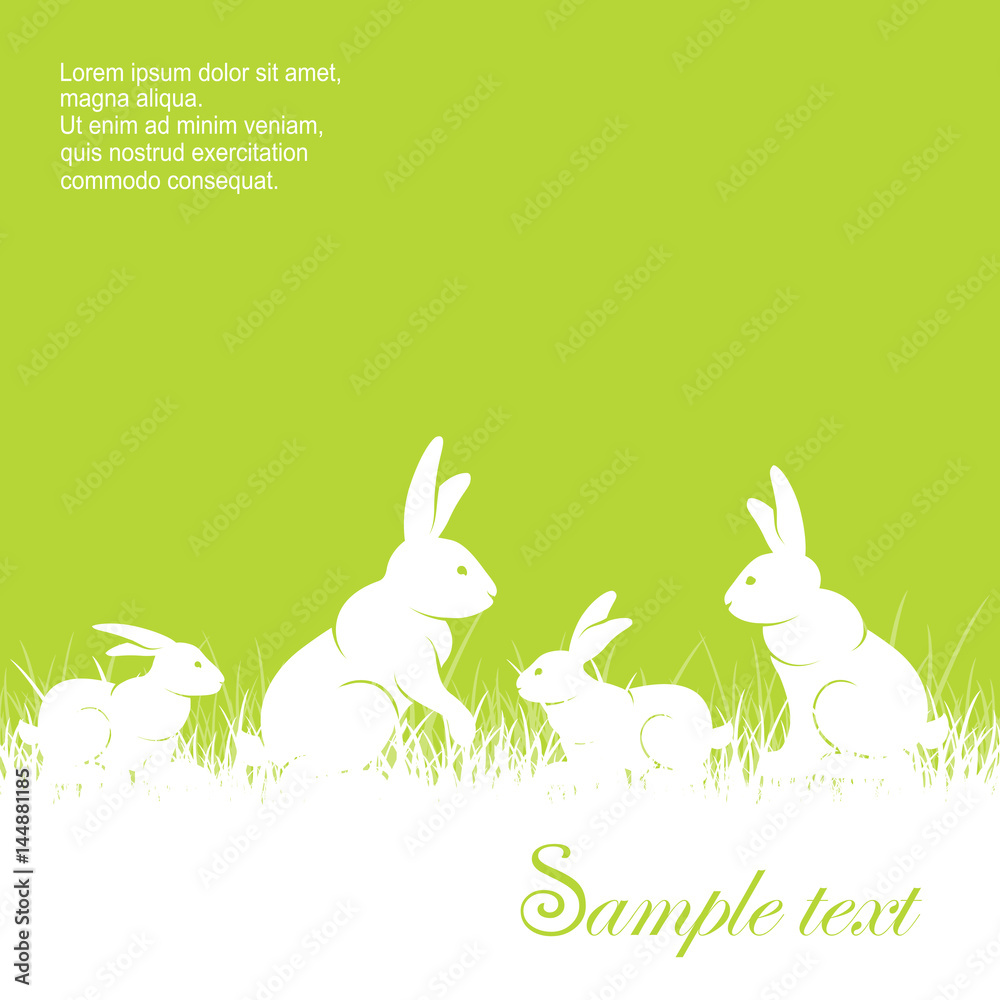 Rabbits in grass text, different silhouette on green background.