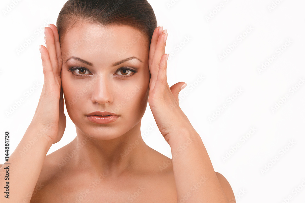 Very beautiful young girl on isolated white background. Beauty close up face portrait of pretty woman. Very beautiful young girl on isolated white background. Beauty close up face portrait of pretty woman.