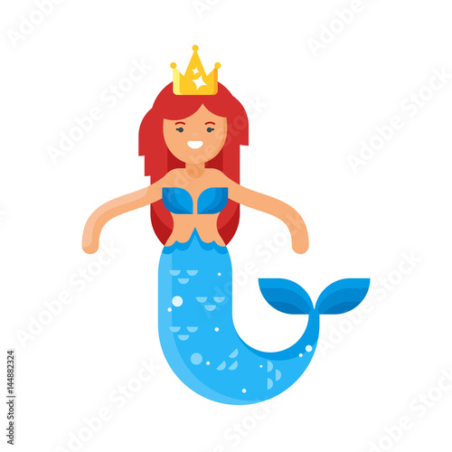 Vector flat style illustration of happy cute mermaid.