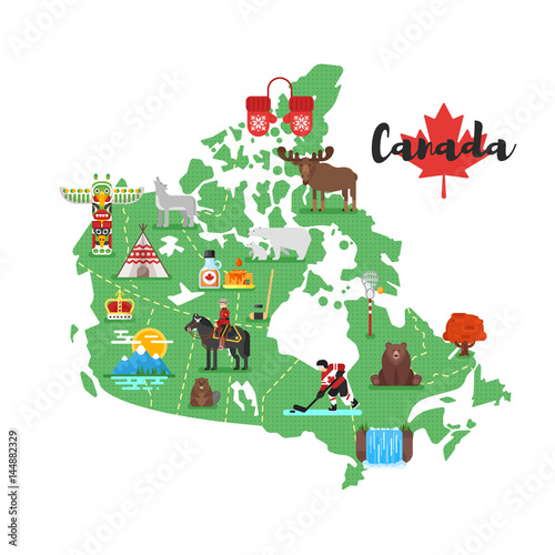 Fototapeta Vector flat style illustration of Canadian map with Canadian national cultural symbols