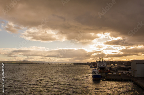 Dundee harbor late afternoon with waiting vessel