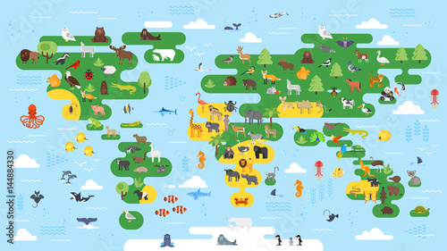 Vector flat style big abstract world map with animals.