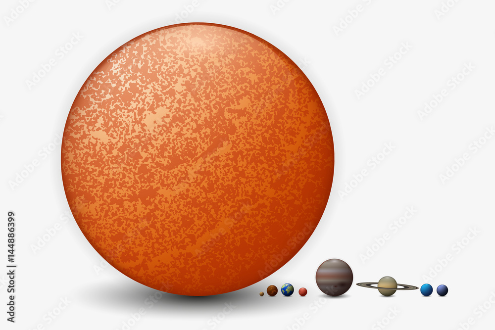 Fototapeta premium The relative size of eight planets and the sun 3d illustration. Solar system objects size comparison.