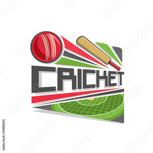Vector logo for Cricket game: red ball hitting of bat, flying on trajectory on stadium, on pitch field checkered grass pattern, abstract clip art icon with title text - cricket, for sports tournament.