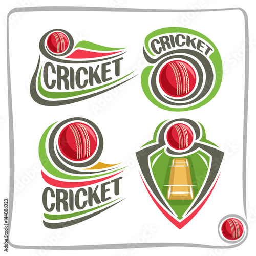 Vector set icons for Cricket game: red ball flying on curve on pitch field, abstract clip art logo with title text - cricket, graphic image of sports emblem shield on cricket theme, isolated on white.