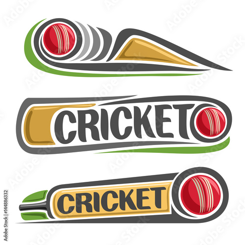 Vector abstract set for Cricket game: red ball hitting of bat, flying on curve trajectory, inscription title text - cricket, 3 isolated clip art illustrations on cricket theme on white background.