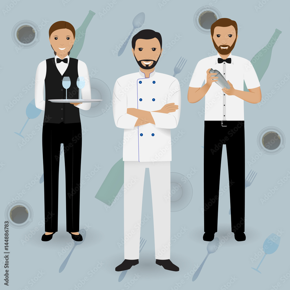 Chef cook, waitress in uniform and barman standing together on a tableware background. Restaurant people characters. Chef cook, waitress in uniform and barman standing together on a tableware background. Restaurant people characters.