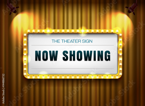theater sign gold frame on curtain with spotlight