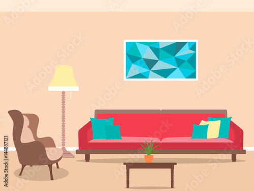 Living room interior design in flat style including furniture, lamp, sofa, armchair and tea table.
