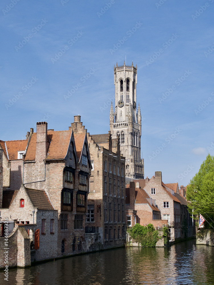 View from the canal of the Belfry, Bruges, Belgium