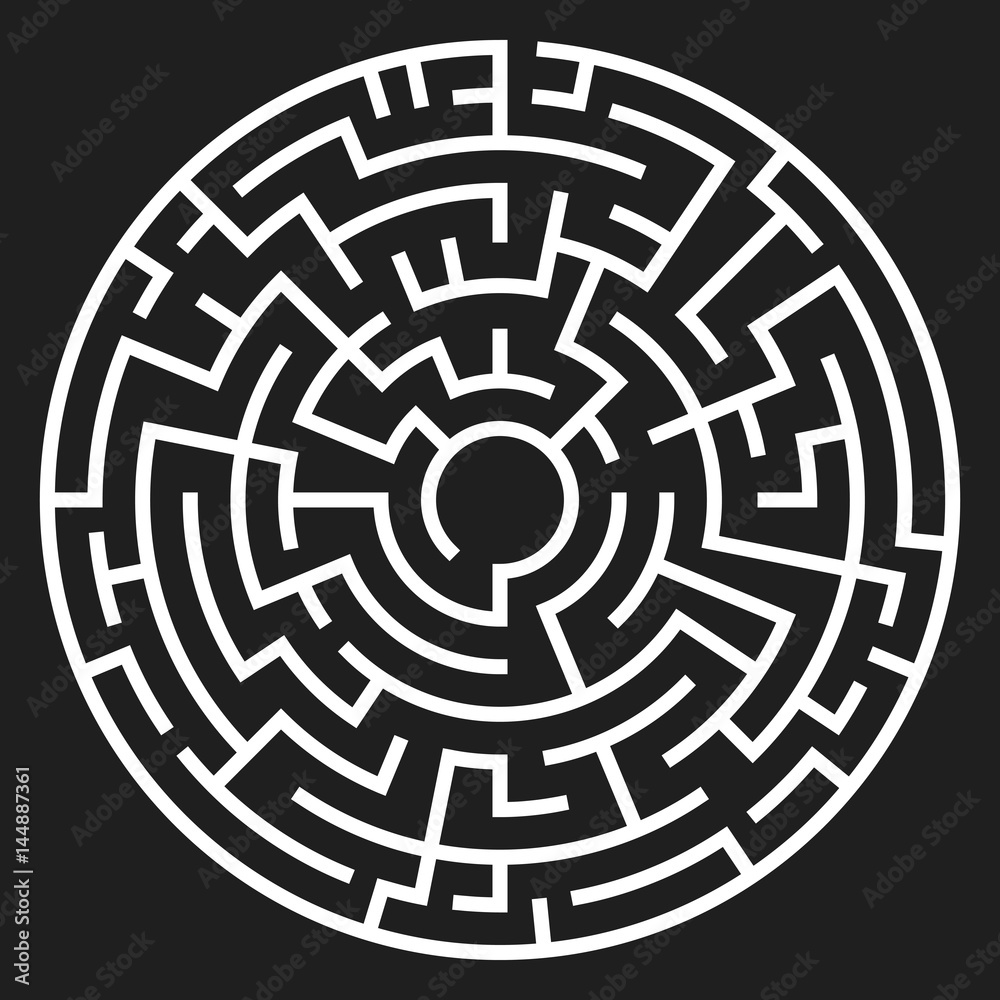 Circle Maze. Labyrinth with Entry and Exit. Find the Way Out Concept. Vector Illustration. Circle Maze. Labyrinth with Entry and Exit. Find the Way Out Concept. Vector Illustration.