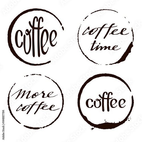 Vector set of cofee ring stains with hand drawn lettering. Grunge style design element.