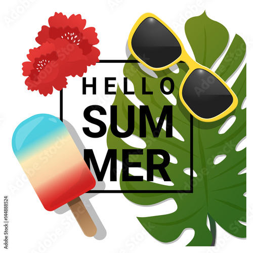 Hello summer background with tropical summer element , vector , illustration