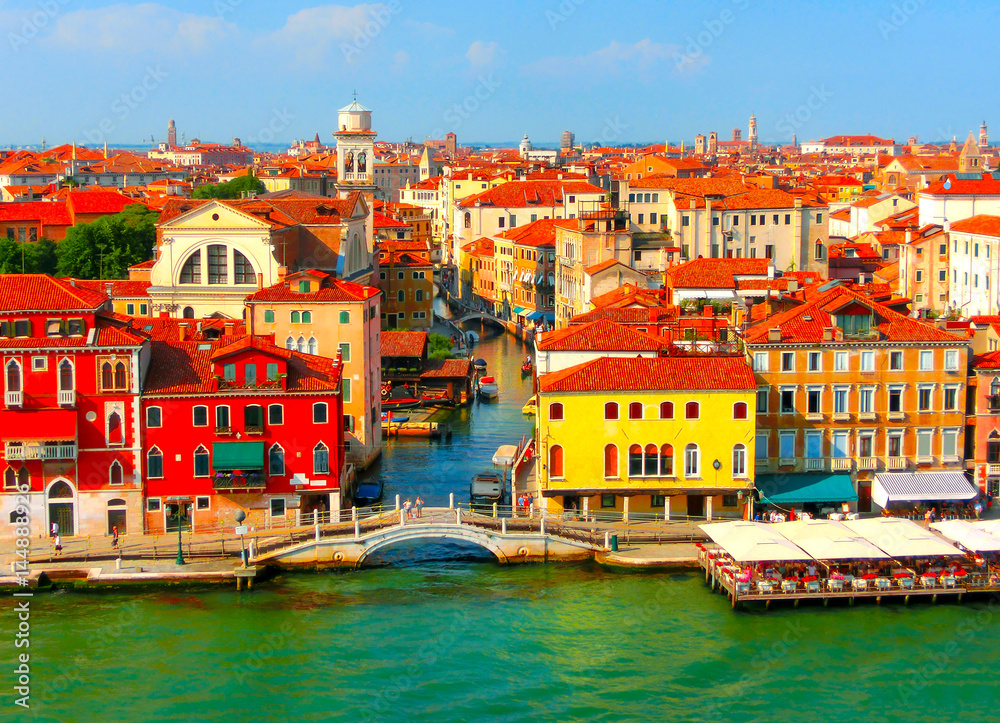 Beautiful view from Grand Canal on colorful facades of old medieval houses in Venice, Italy