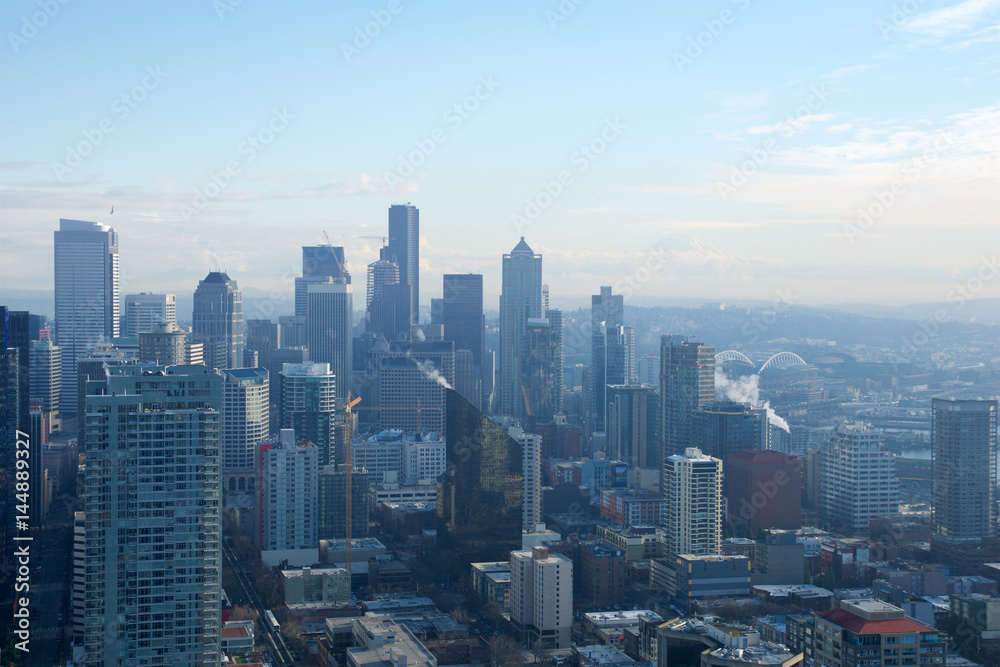 SEATTLE, WASHINGTON, USA - JAN 23rd, 2017: skyline of downtown Seattle, view from the top of the Space Needle during a cloudy day