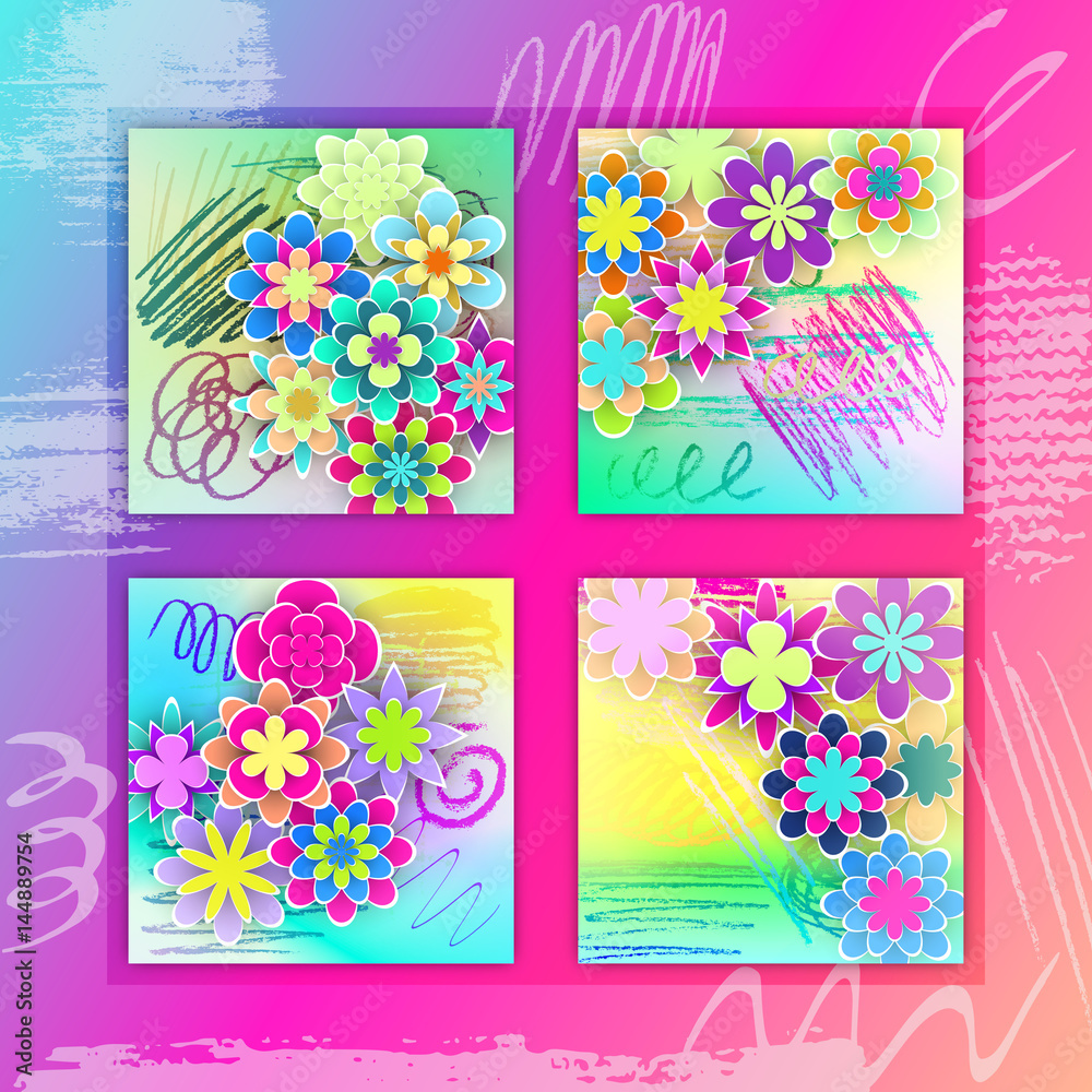 Set of Square Cards with Colorful Paper Flowers Set of Square Cards with Colorful Paper Flowers