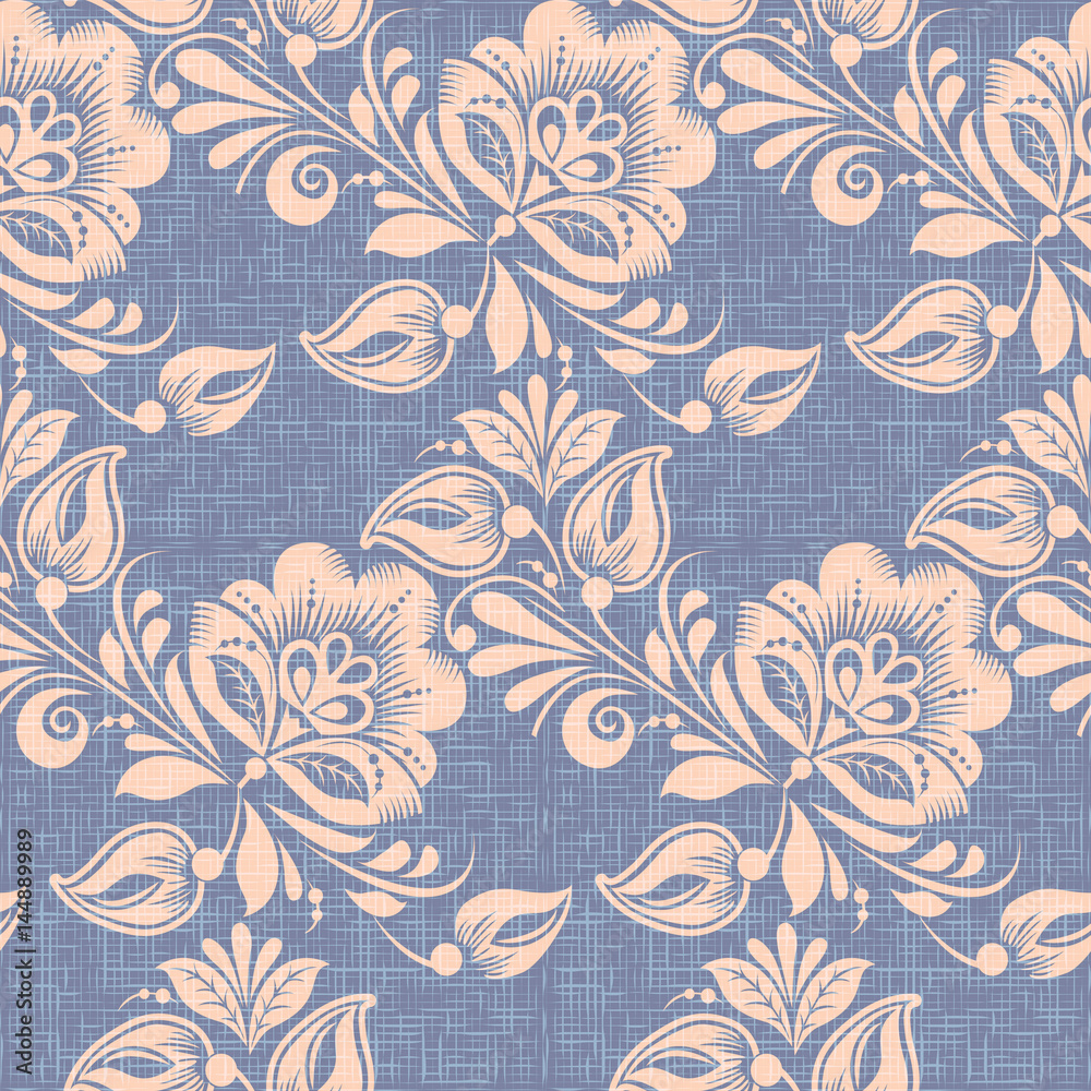 khokhloma style seamless pattern vector background. Traditional russian floral decoration, violet canvas texture