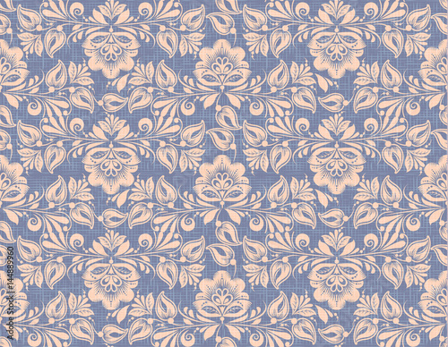 Hohloma style seamless pattern vector background. Traditional russian flower decoration on flax texture