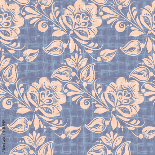 khokhloma style seamless pattern vector background. Traditional russian floral decoration, violet canvas texture