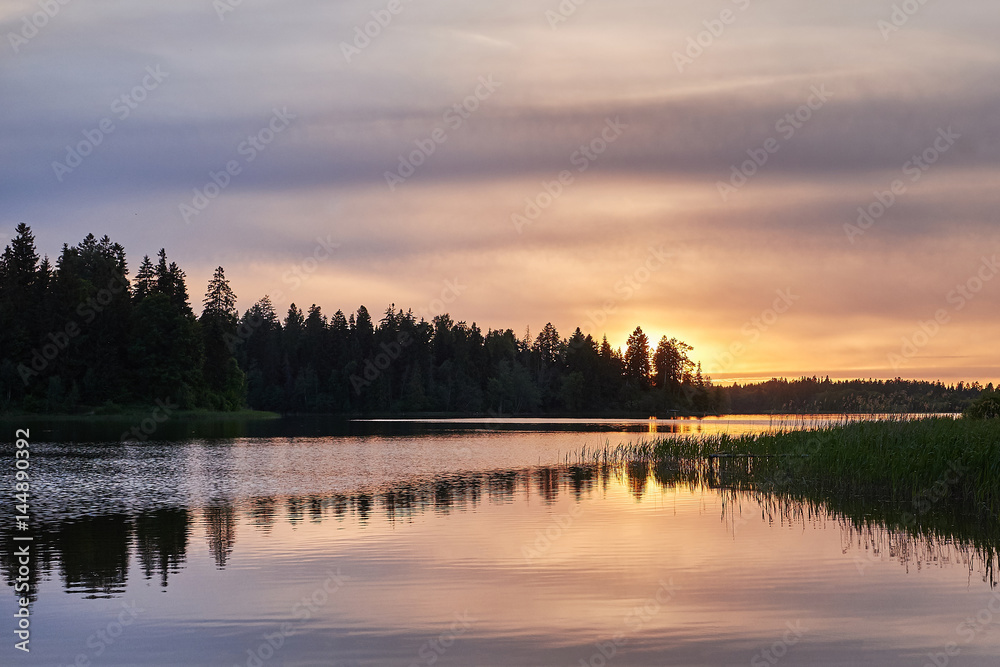 Fototapeta premium Peaceful summer sunset at the lake