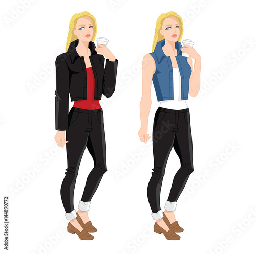 Vector illustration of young blond woman in denim suit ans loafers shoes take coffee in her hand on white background