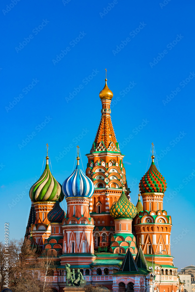 St. Basil's Cathedral. Cathedral against the blue bright bright blue sky.