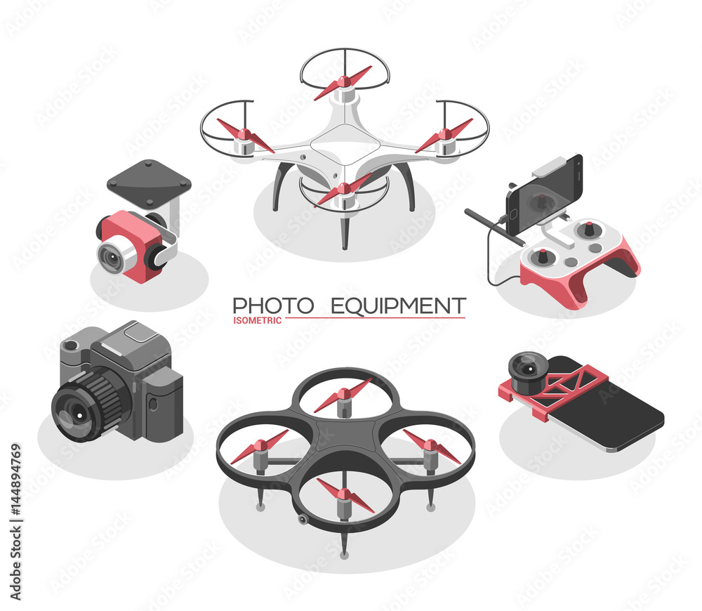 Vector Illustration with quad copter and remote control on white ...