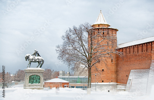 attraction in city Kolomna Kremlin with Marinkina tower and the monument to Dmitry Donskoy the historical centre of the old town in winter photo